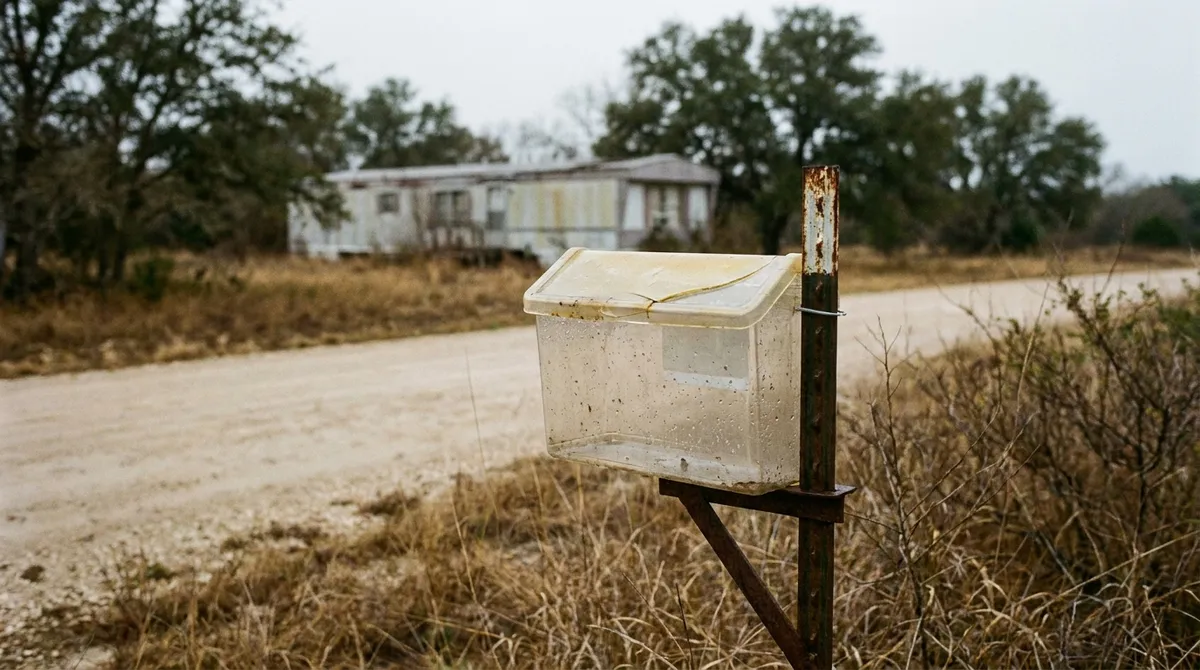 An empty weathered plastic flyer box on a roadside post outside a manufactured home