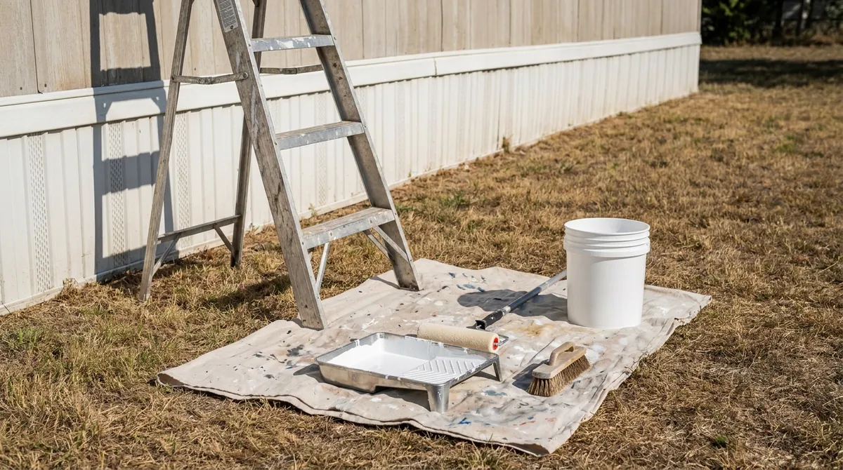 A step ladder, drop cloth, paint roller tray and bucket set up for exterior prep beside a manufactured home