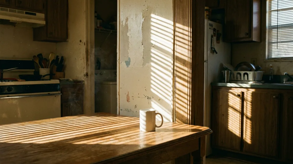 Hard bars of late afternoon light through venetian blinds falling across a bare kitchen table and a single mug