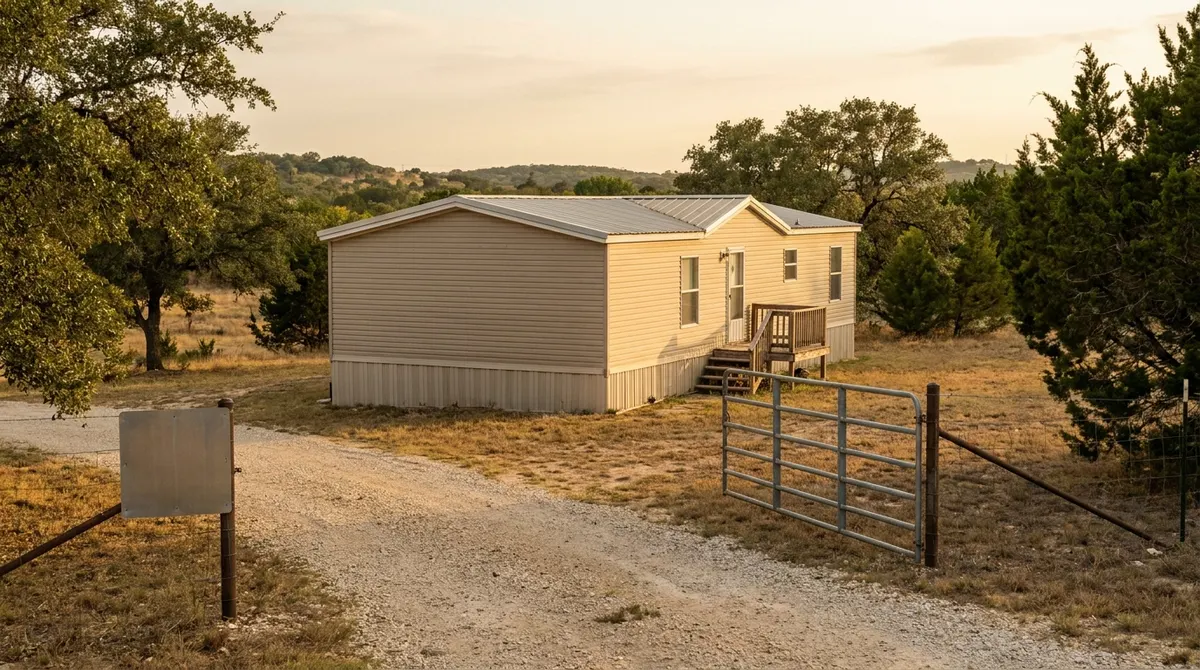 A for sale sign in front of a double-wide manufactured home on acreage