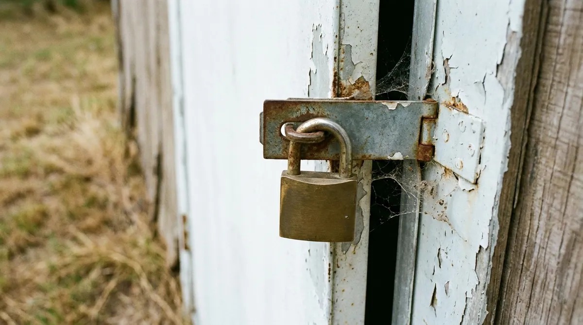 A weathered brass padlock hanging on the rusted hasp of a manufactured home utility door