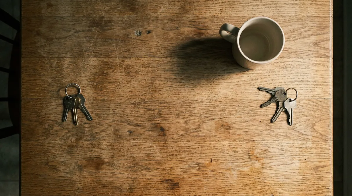 Two separate sets of house keys placed at opposite ends of a worn kitchen table, seen from above