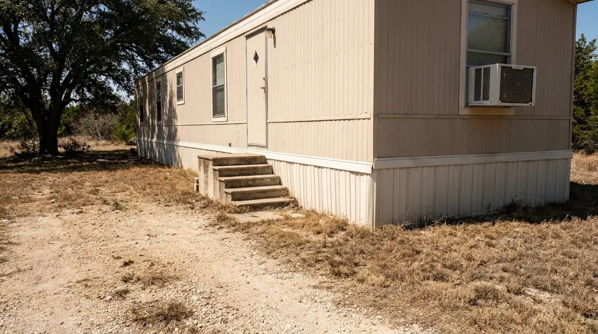 A single-wide manufactured home on a Central Texas lot, seen from the driveway