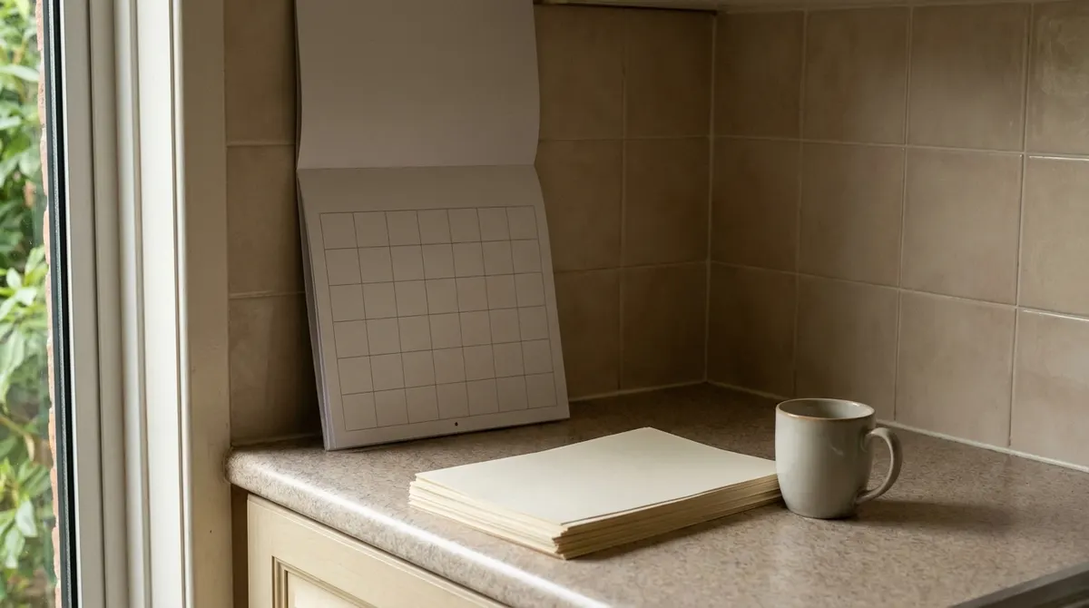 A calendar and a set of manufactured home documents on a kitchen counter