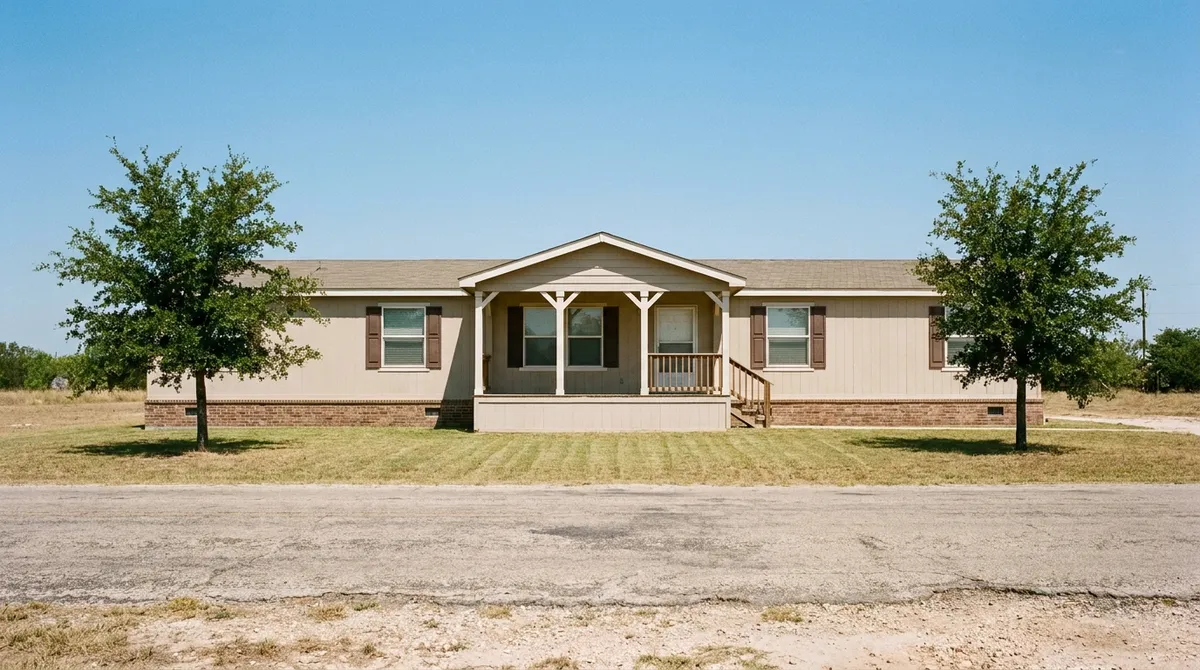 A well-kept double-wide photographed straight on from the street at midday