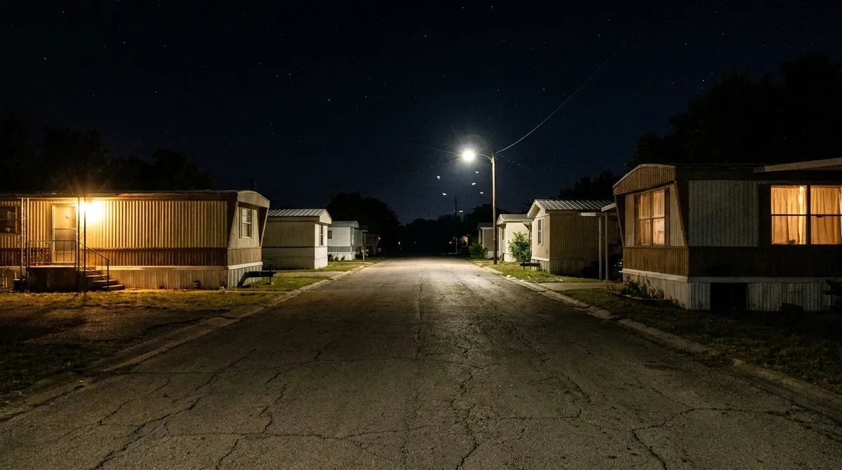 A mobile home community street at night lit by porch lights and a single streetlight