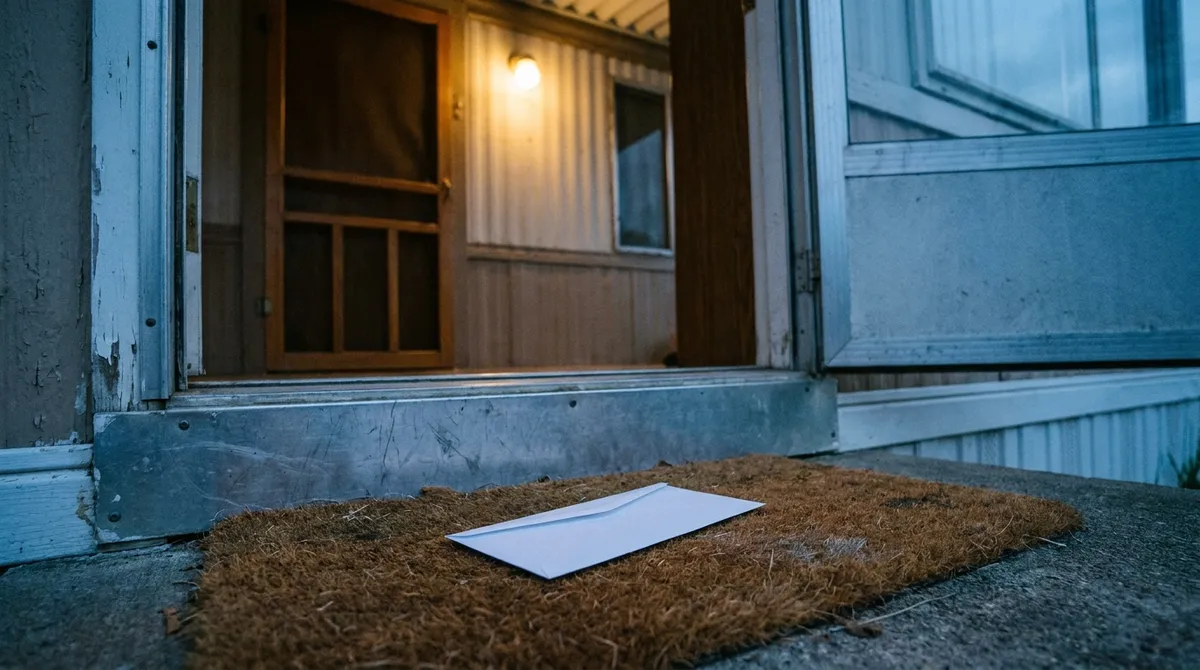 A plain blank envelope left on a doormat at the foot of a manufactured home's steps at dusk