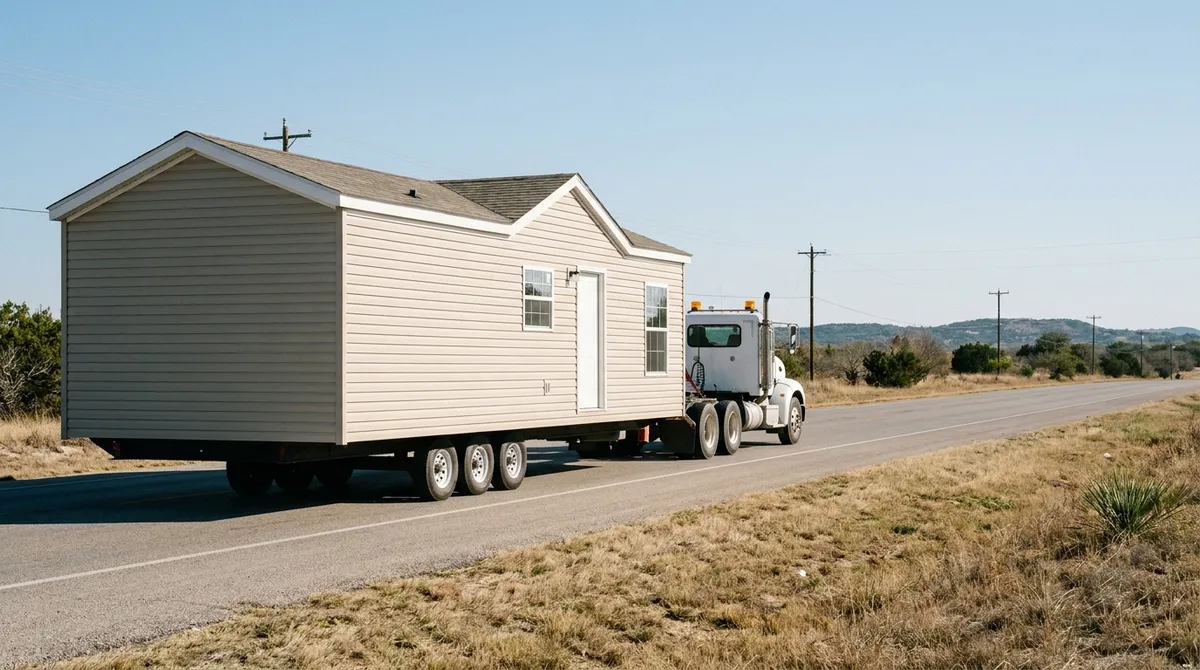 A class-8 toter truck hauling a manufactured home on its own steel chassis and axles along a Texas highway