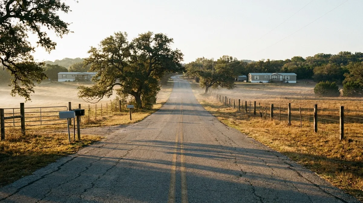 A rural two-lane road running past manufactured homes on acreage in the hill country at misty sunrise
