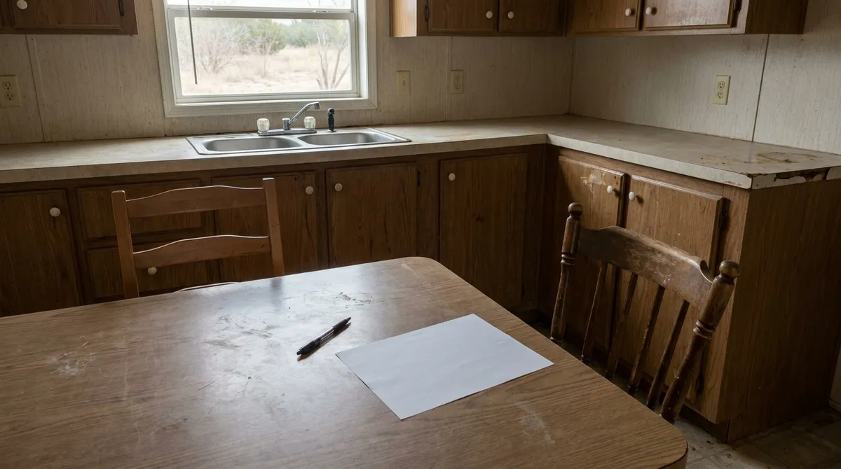 Two chairs pulled out at a kitchen table set with a pen and a blank sheet of paper