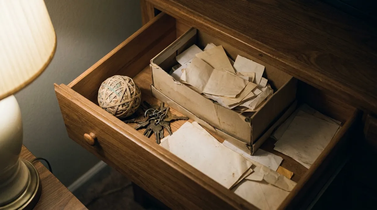 A rummaged dresser drawer full of loose blank papers, a rubber band ball and spare keys under warm lamplight