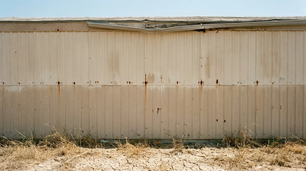 Sun-faded chalking siding, rust-streaked fasteners and a sagging roof edge on an older manufactured home