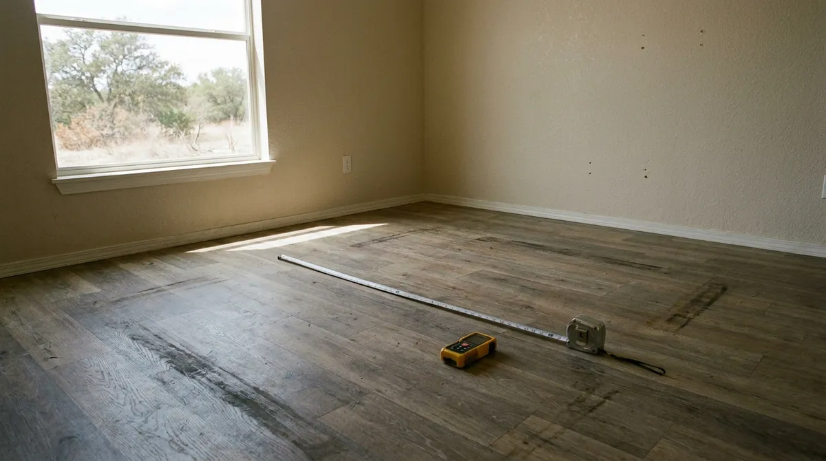 A tape measure and laser distance tool on the floor of an emptied manufactured home living room