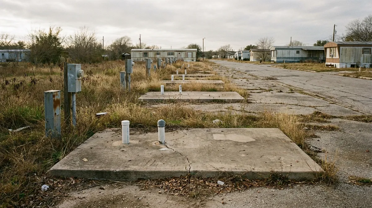 Bare concrete pads and abandoned utility risers where homes were removed from a closing Texas mobile home community