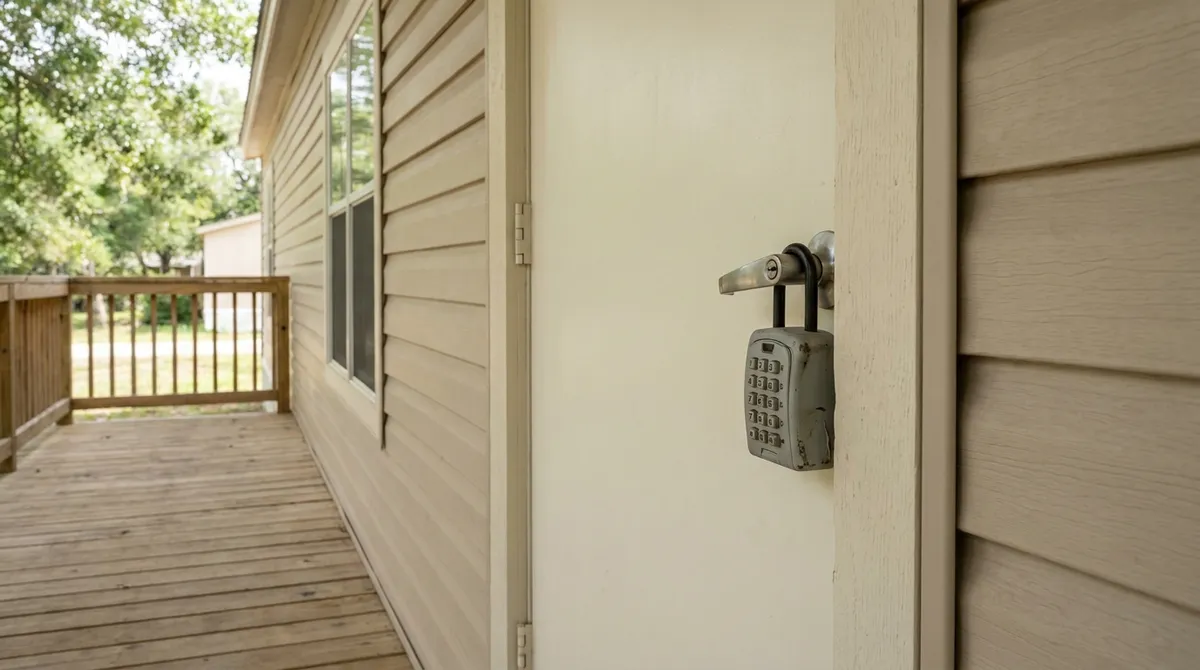 A realtor lockbox hanging from the lever handle of a painted front door on a manufactured home porch