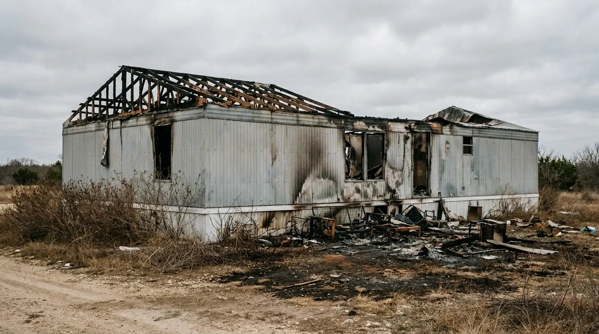 Charred exposed roof trusses and soot-blackened siding on a fire-damaged manufactured home