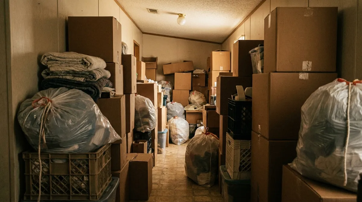 A narrow path winding between floor-to-ceiling stacked boxes and household clutter in a manufactured home hallway