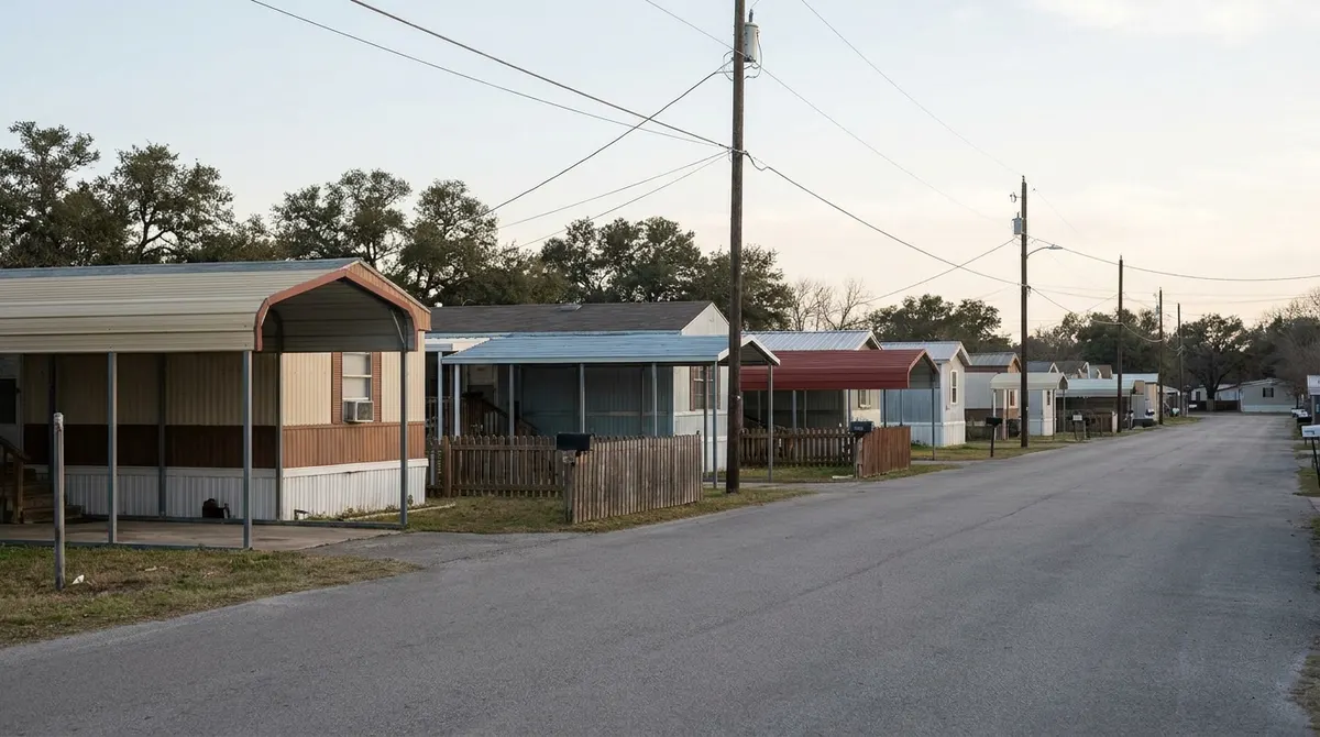 A row of manufactured homes on leased lots in a Central Texas community