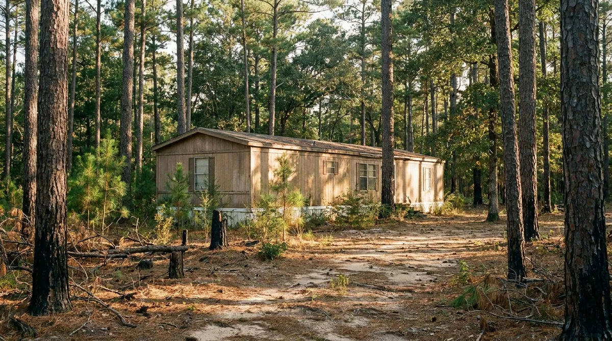 A manufactured home on sandy acreage among tall loblolly pines in the Bastrop woods