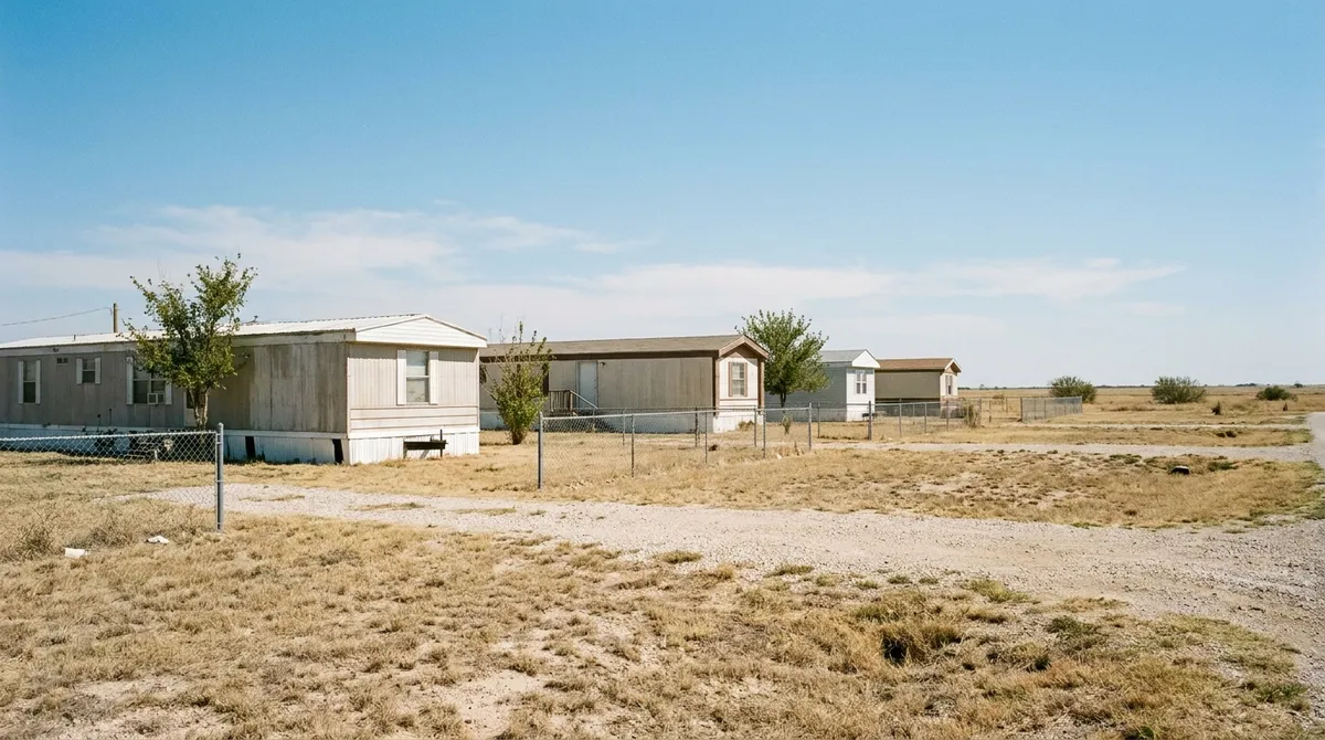 A row of manufactured homes on flat prairie lots under a wide bright midday sky near Killeen