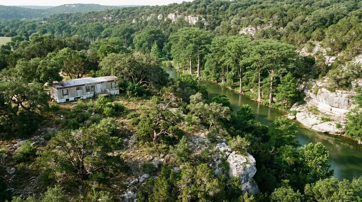 A manufactured home on a cedar and oak hillside above a cypress-lined Hill Country river valley