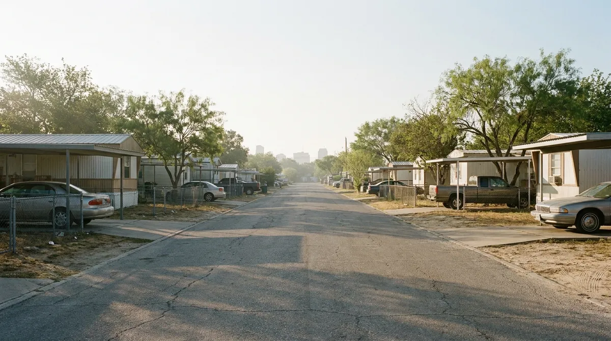 A street of single-wide homes with metal carports in a San Antonio mobile home community at early morning
