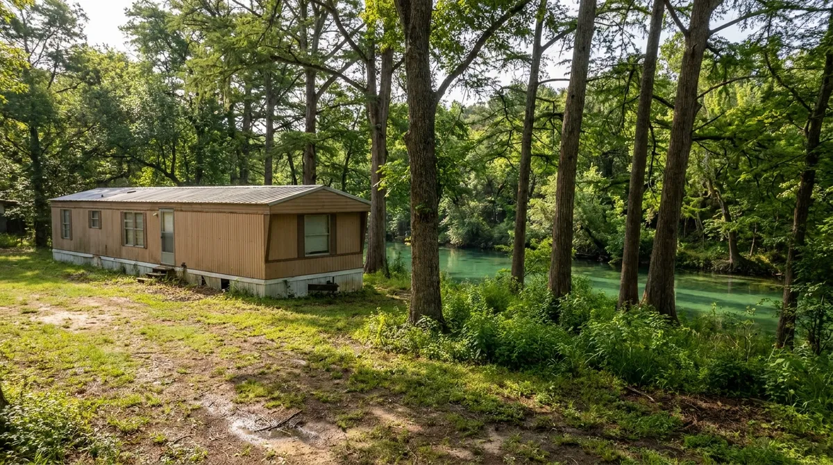 A manufactured home on a low green lot beside a clear spring-fed river near San Marcos