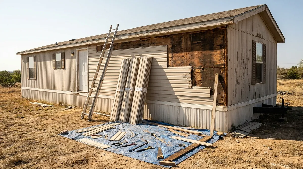 Fresh siding panels and a ladder leaning against an older single-wide partway through renovation