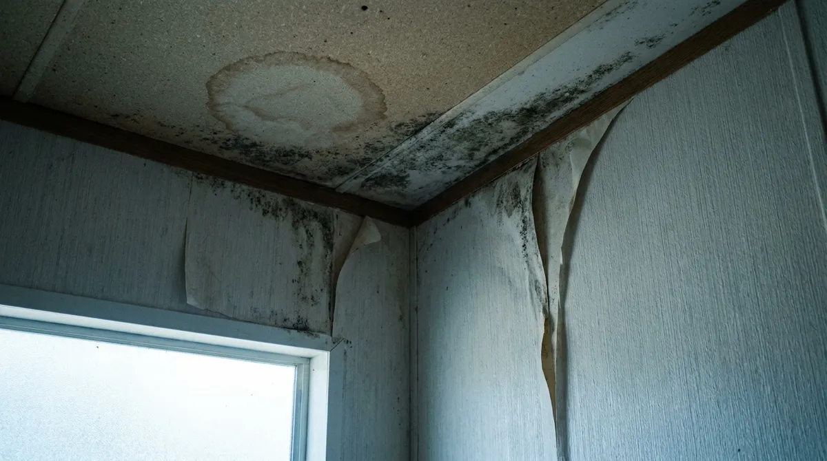 Dark mold staining spreading along the ceiling seam and lifting wall panel of a manufactured home bathroom