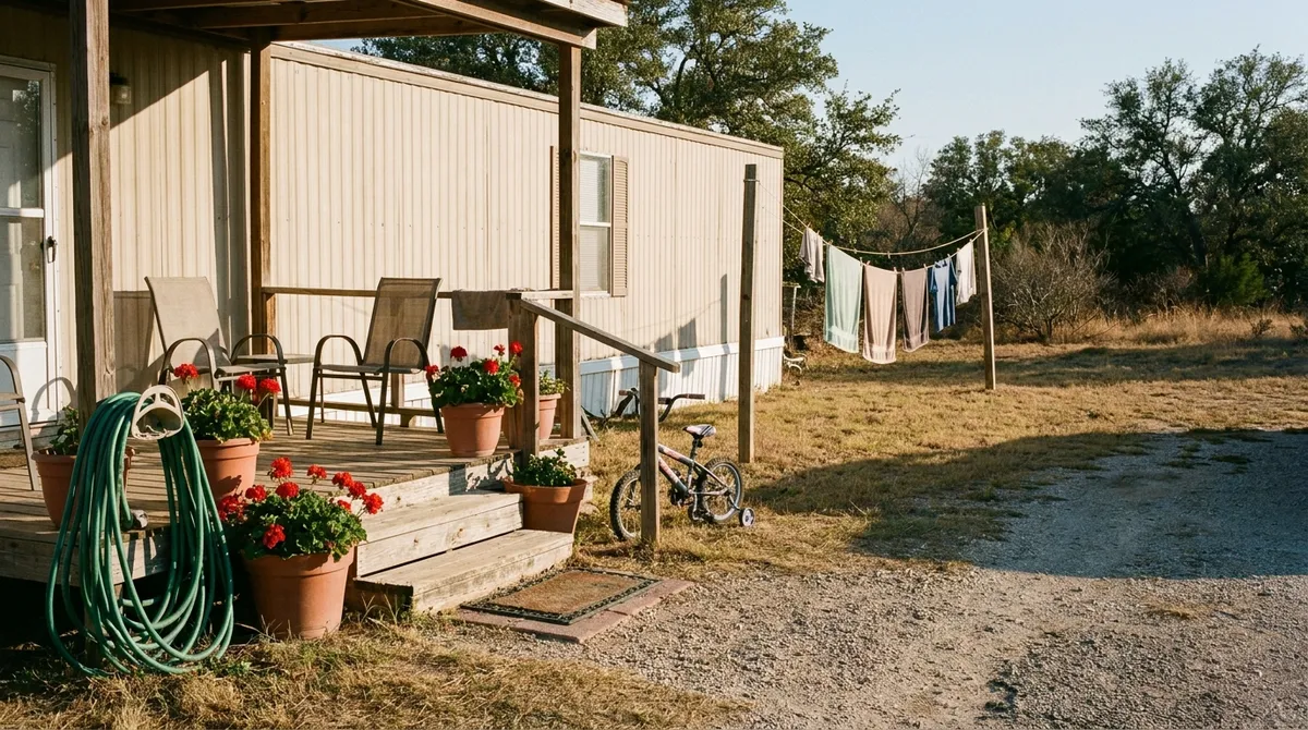 A lived-in manufactured home with potted plants, a bicycle and a laundry line on the porch