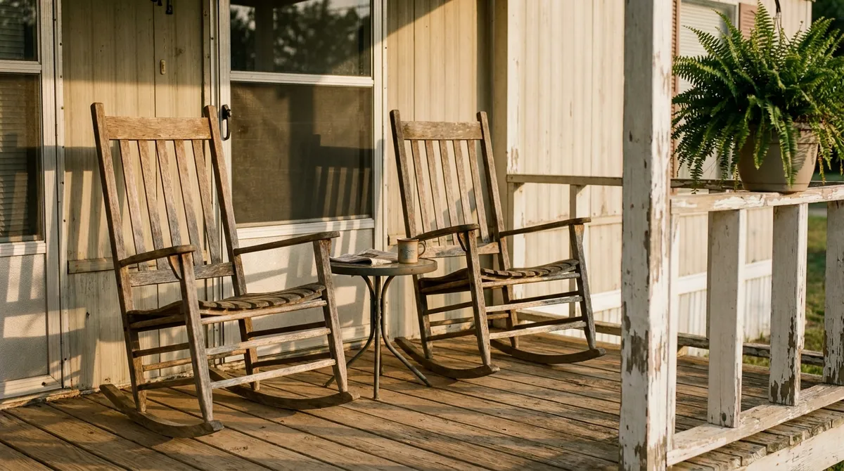 Two empty rocking chairs on the covered porch of a Texas manufactured home in late-day light