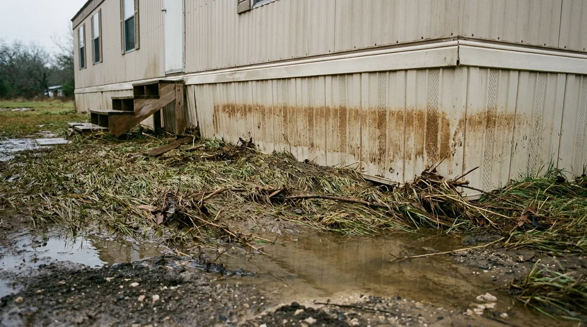 A brown flood mud line staining the skirting of a Texas manufactured home with debris and standing water around it