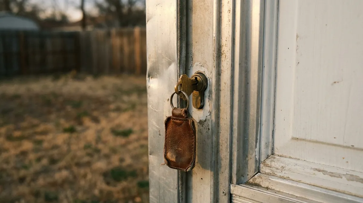 A key with a leather fob left in the deadbolt of a manufactured home's front door in evening light