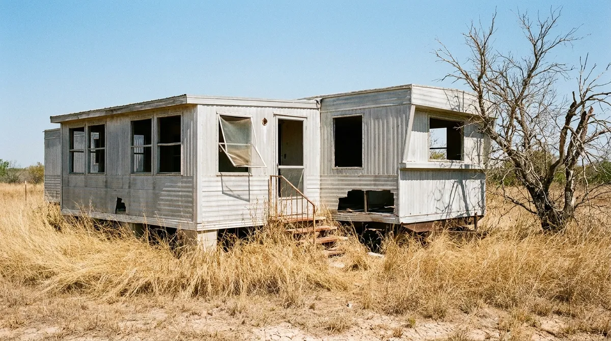 An abandoned single-wide with broken-out windows standing in waist-high dry grass