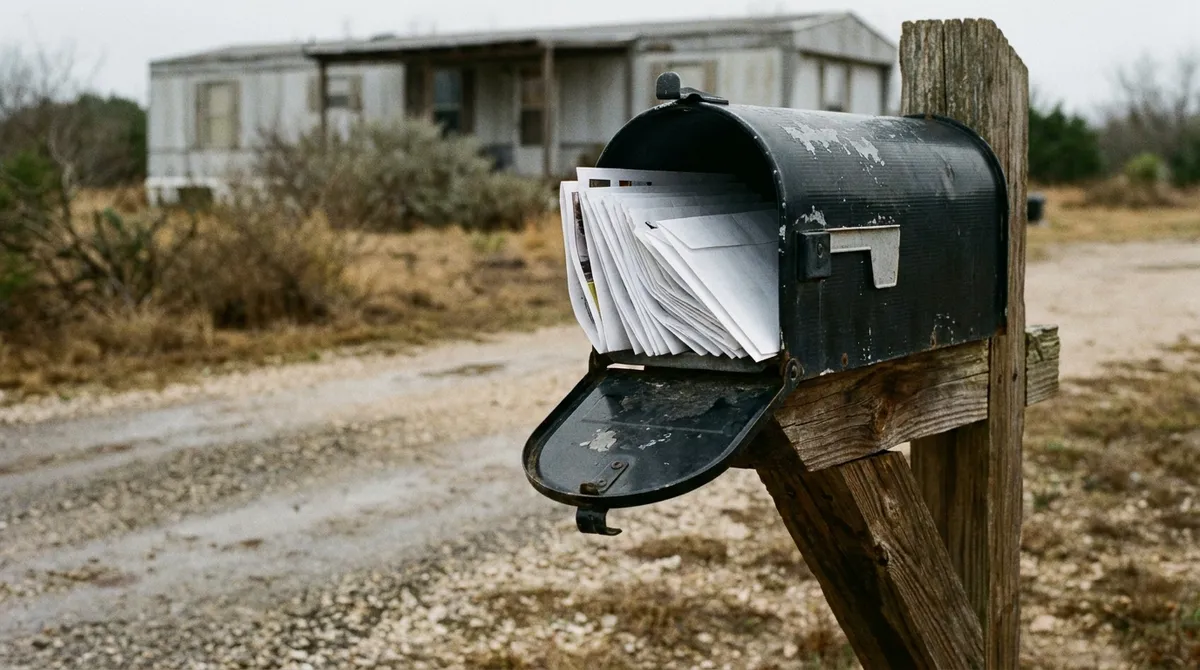 An unmarked rural mailbox overflowing with uncollected blank mail at the end of a gravel driveway