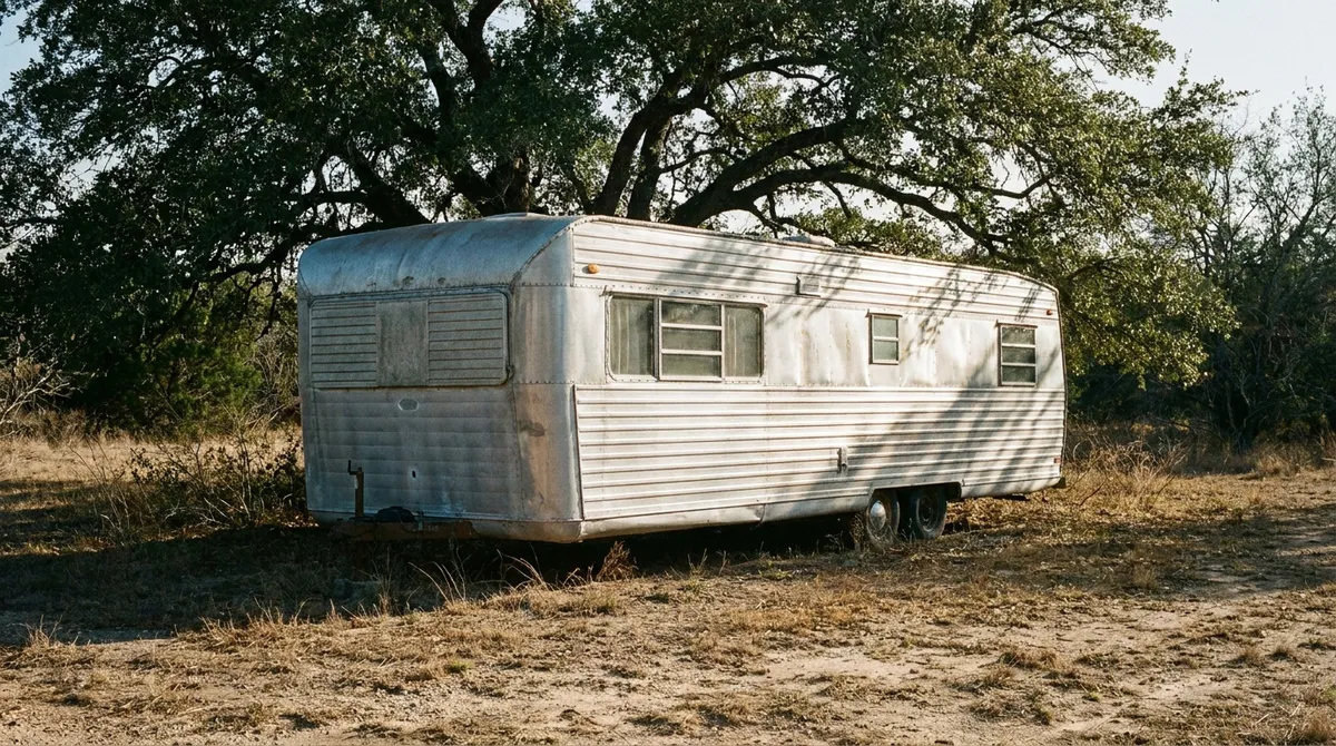 A pre-1976 aluminium-sided mobile home with a rounded roof parked under a sprawling live oak