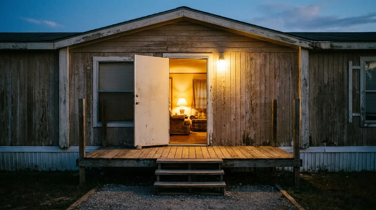 The open front door of a double-wide spilling warm light across the porch at dusk