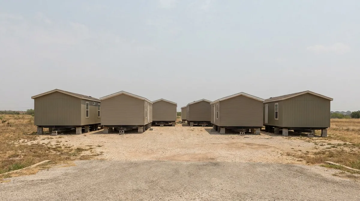 Unsold manufactured homes sitting on block piers across a dusty Texas dealer lot on a hazy day