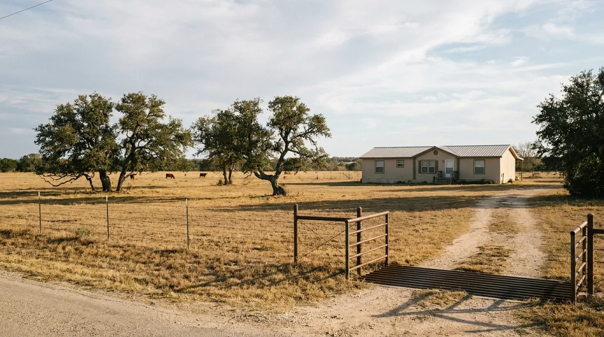 A manufactured home set back on owned acreage behind a barbed wire fence and a pipe cattle guard
