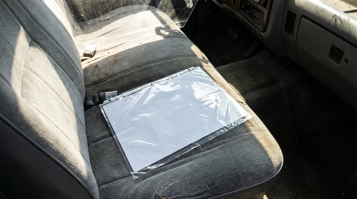 A blank sheet in a clear plastic document sleeve on a truck seat in harsh sunlight