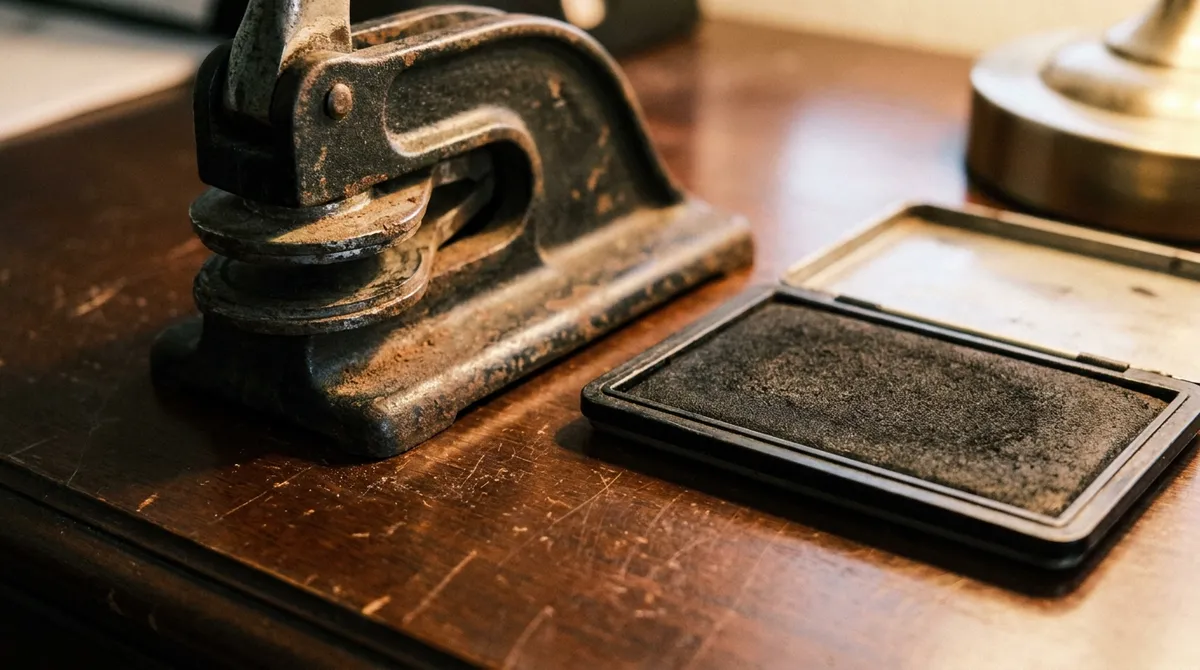 A heavy cast-iron notary embosser and a worn stamp pad on a dark polished desk