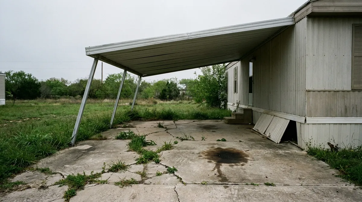 A sagging carport awning over a weed-cracked concrete pad beside a manufactured home