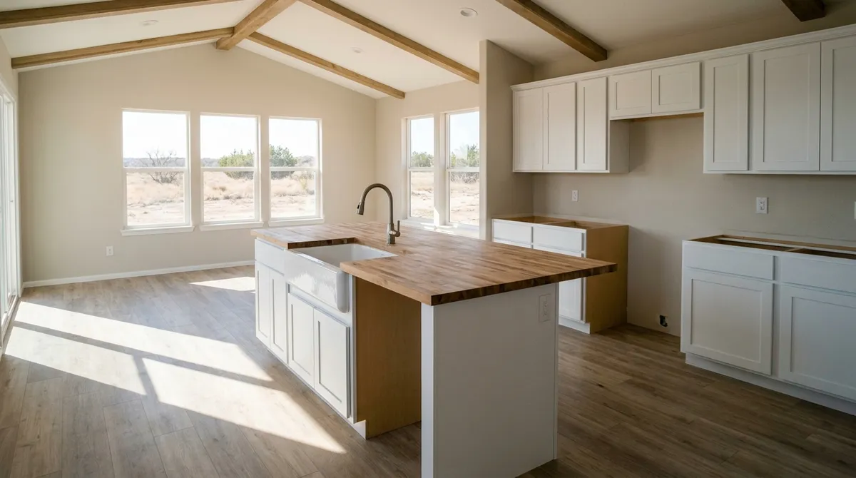 The open kitchen and centre island of a brand-new unfurnished manufactured home