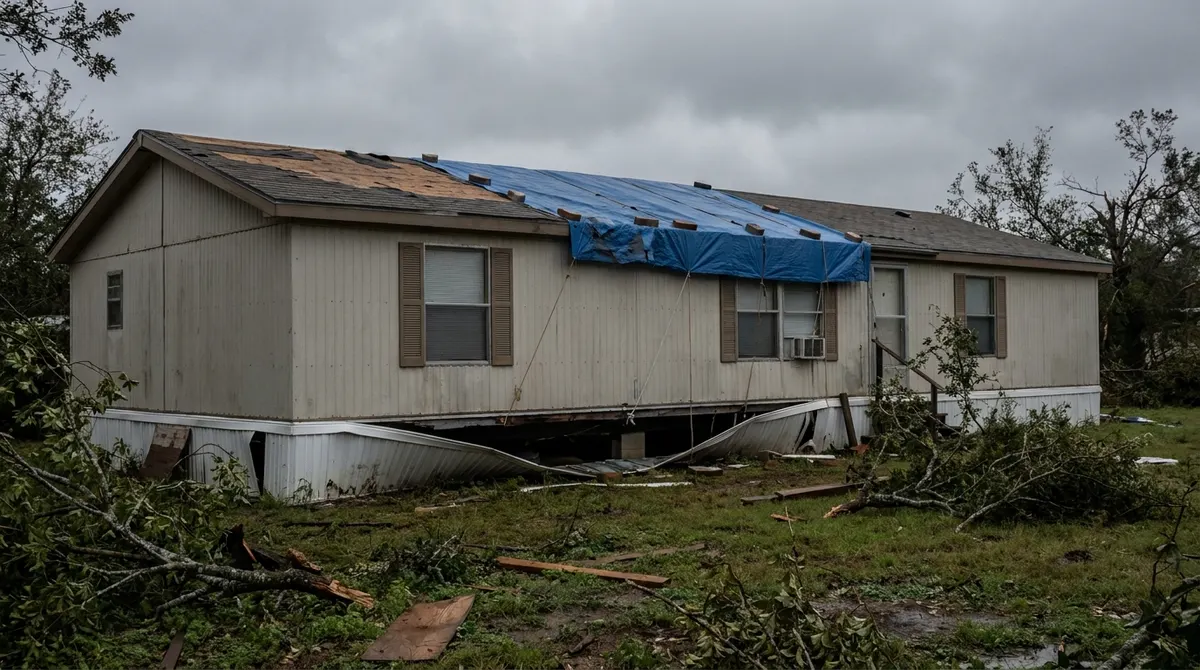 A manufactured home with storm damage to the roof and skirting