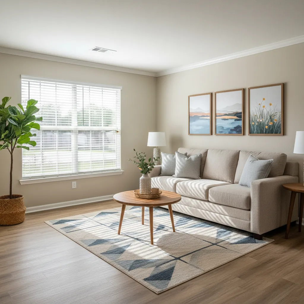 Well-staged living room of a listed manufactured home in Austin Texas with open blinds and natural light