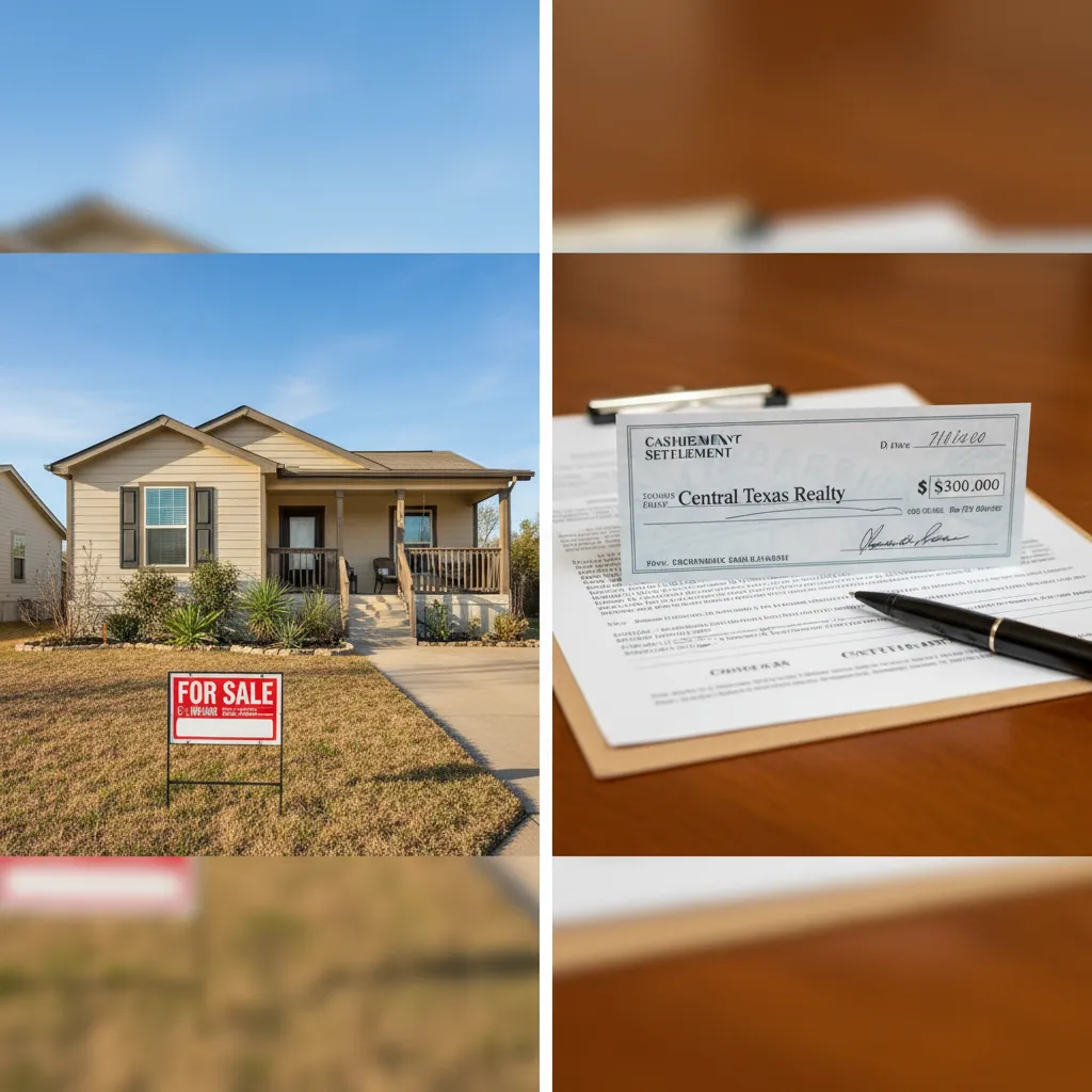 Split-screen concept: For Sale sign in front of a well-kept central Texas manufactured home on one side, cash settlement check on the other