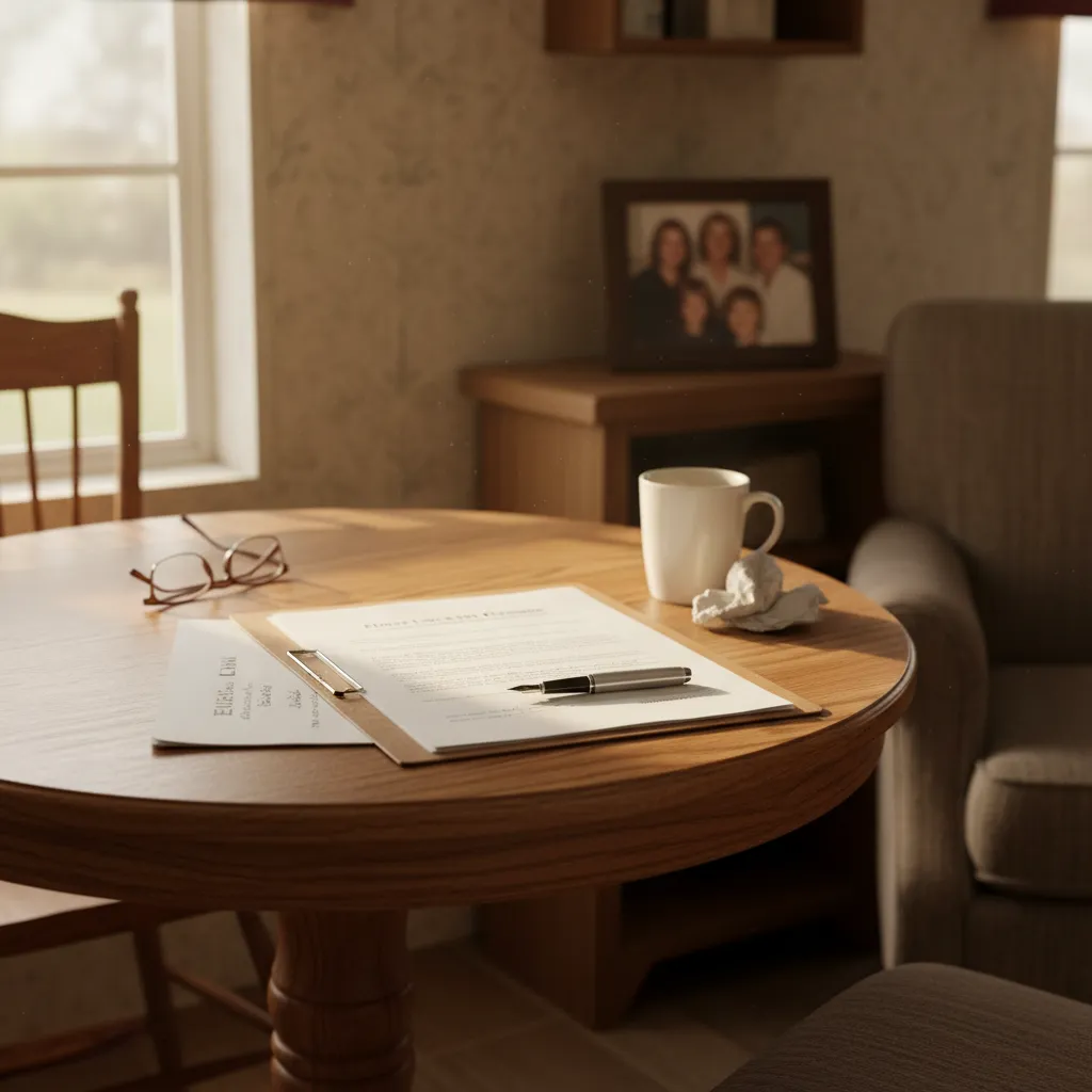 Estate planning documents and reading glasses on the table of a central Texas manufactured home