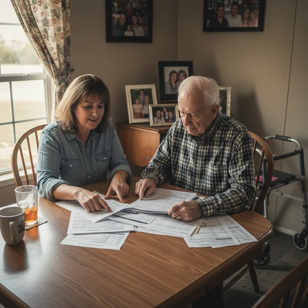 Adult daughter helping elderly father sort paperwork at the kitchen table of a Texas manufactured home