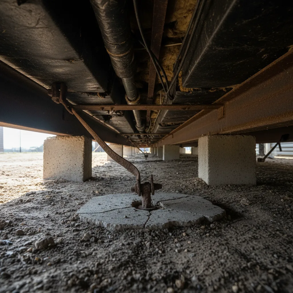 Concrete pier and anchor under the frame of a central Texas manufactured home showing settling cracks