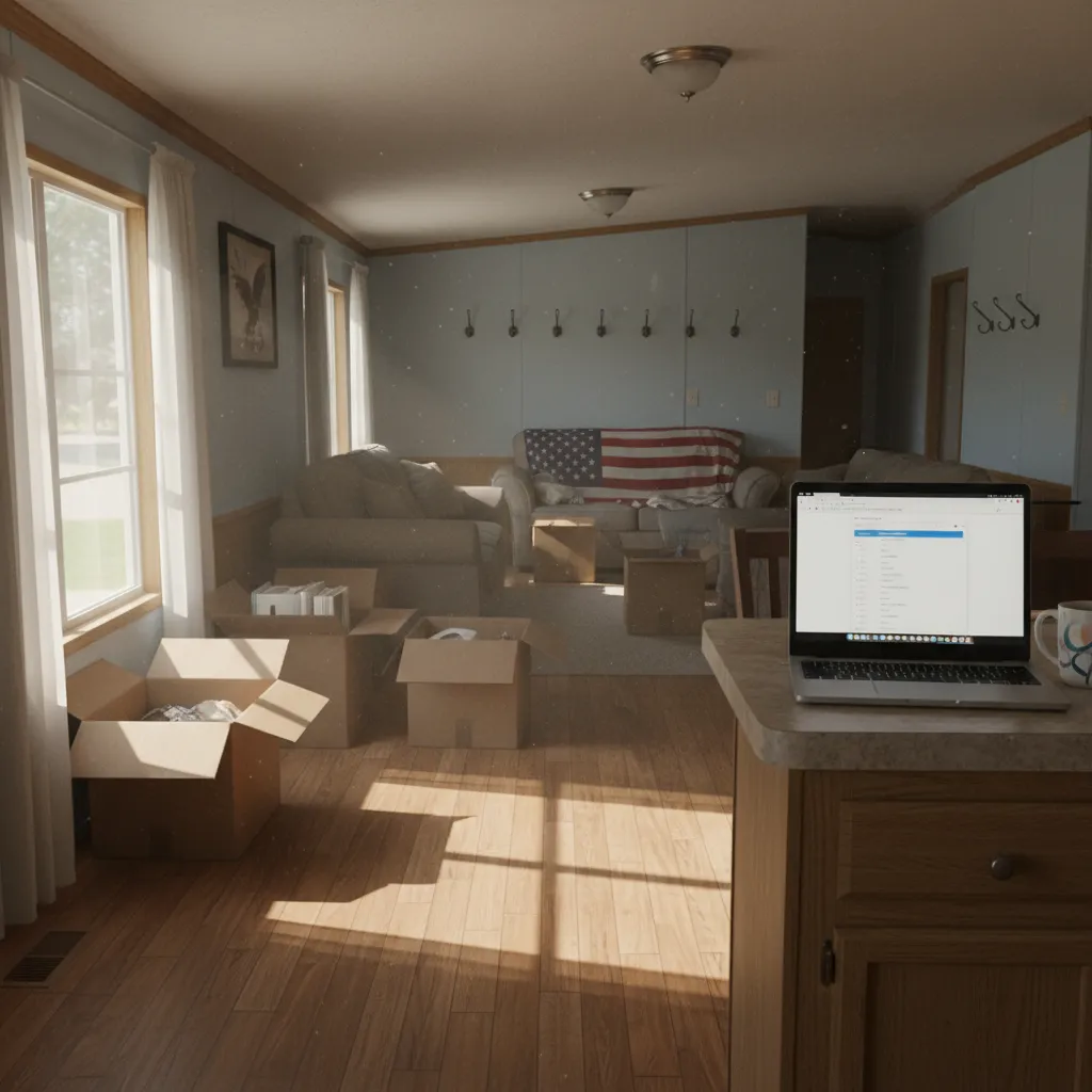 Moving boxes and a laptop with a new job offer email inside a central Texas manufactured home